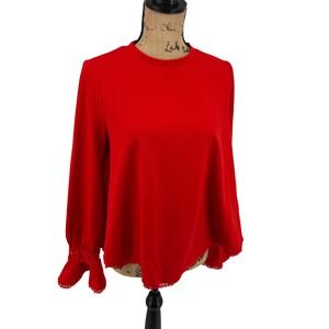 Pomander Place Red Long Sleeve Lace Trim Flounce Hem Blouse Top M Holiday Career